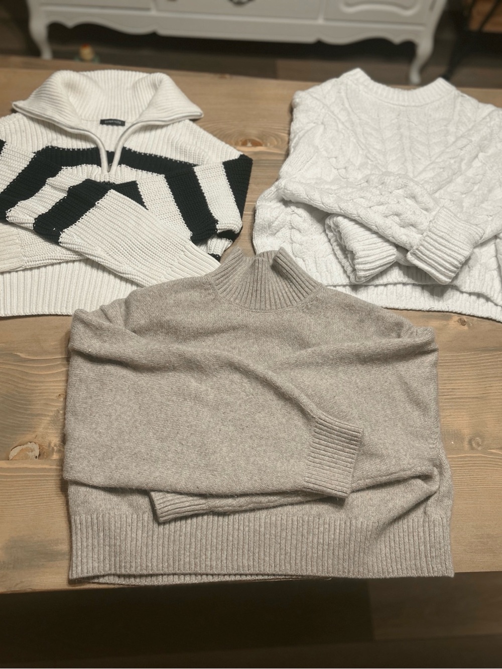 Zara Neutral & Black Cowl, White Cable, Taupe Turtleneck Sweater Trio